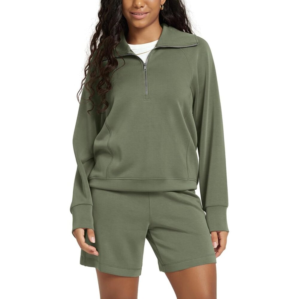 Women's Dark Sage Pullover Soft Half-Zip Sweatshirts for Long Sleeve Relaxed Fit